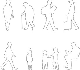 Clean line art silhouettes of people in various seated and walking positions viewed from above, ideal for floor plans, wayfinding systems, and modern infographics.
