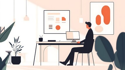 A modern workspace featuring a professional at a desk, engaged in work amidst plants and contemporary art. The environment fosters creativity and focus for business tasks.