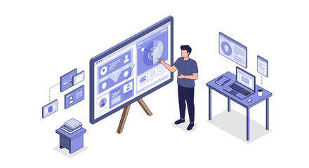 Digital marketing strategy vector illustration in isometric style for business design and print