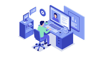Remote work office setup vector illustration: isometric design for digital workspace concepts