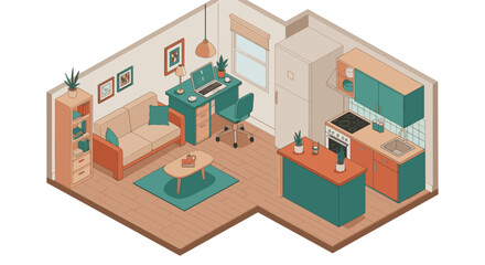 Cozy apartment interior vector illustration for isometric home design and decor