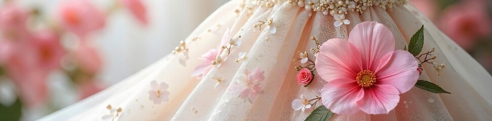 Breathtaking Bridal Gown with Cascading Floral Appliqu?s Perfect for Spring or Summer Weddings.  Elegant, romantic white dress embodying timeless bridal style.