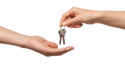 Hand handing over keys, real estate concept isolated PNG with Transparent Background