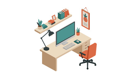 Modern workspace vector illustration: isometric office desk design for print and decor