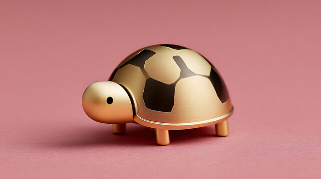 Appealing golden toy turtle with a patterned shell poses against a textured pink background, creating a fun aesthetic.