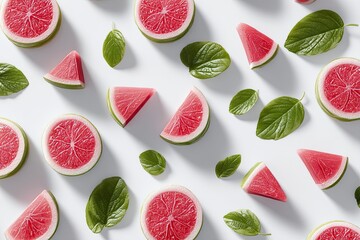 Fresh Pink Grapefruit with Leafy Green Accents