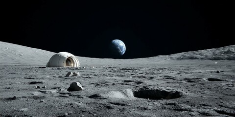 View of the moon surface with earth rise on horizon with lunar base  Generated image