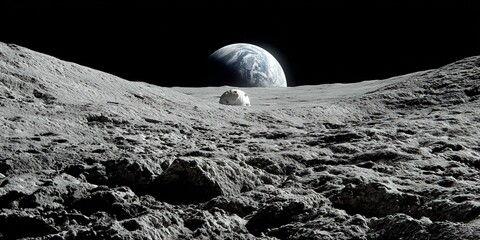 View of the moon surface with earth rise on horizon with lunar base  Generated image