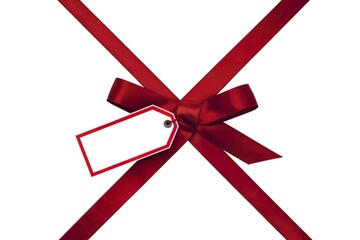 two red ribbons intersecting diagonally over a white background.