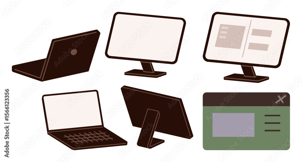 Poster laptops, desktop monitors, and a web browser window visualizing digital devices and website concepts