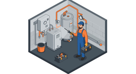Hvac technician in isometric vector illustration concept for industrial maintenance
