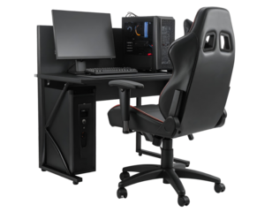 Contemporary computing station with a high-performance desktop and an adjustable ergonomic seat.
