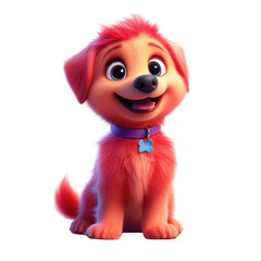 Adorable cartoon pink dog with fluffy fur and a blue bone tag on a purple collar isolated on transparent background