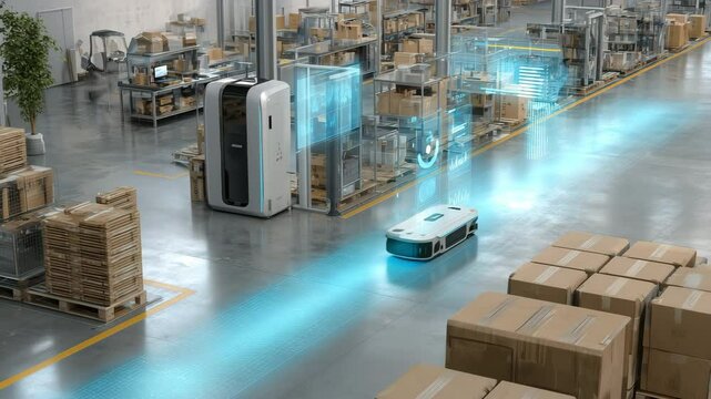 A futuristic warehouse scene featuring a robotic floor manager overseeing operations, illuminated by digital interfaces. The mood is efficient and innovative, reflecting advanced logistics.