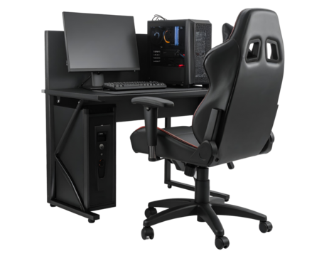 Contemporary computing station with a high-performance desktop and an adjustable ergonomic seat.