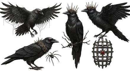 Obraz premium Black ravens in various poses illustration