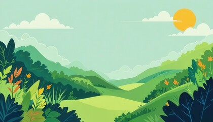 Vibrant landscape background design for computer screens featuring hills and blooming flora