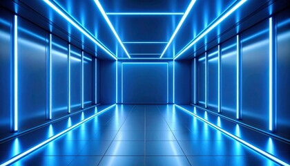 Futuristic Blue Neon Corridor: A Digital 3D Render of a Modern Sci-Fi Tunnel