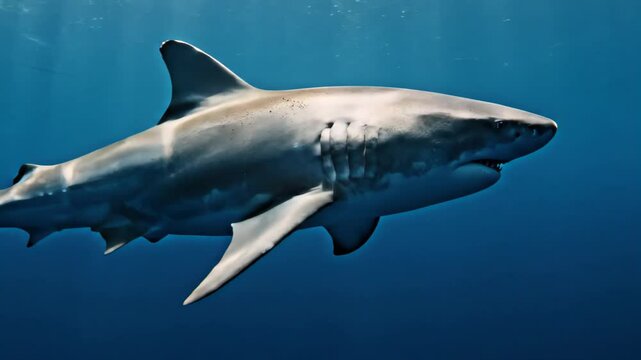 A great white shark swims menacingly in the deep blue ocean.