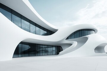 Futuristic white architectural building with smooth flowing curves and large glass windows, symbolizing innovation, modernity, and visionary design excellence