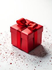 red gift box sits atop white surface fine glittering particles scattered around creating visual