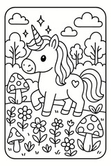 Charming unicorn outline stands amidst flowers and mushrooms in a sweet, magical forest scene, perfect for coloring books.