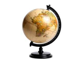 An illuminated world globe presenting a comprehensive view of global geography and international boundaries.