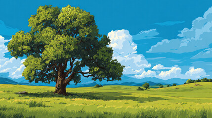 Fototapeta premium Beautiful Sunny Day in a Green Field with a Majestic Tree
