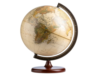 An elegant vintage world globe stands poised, inviting exploration and geographical discovery.