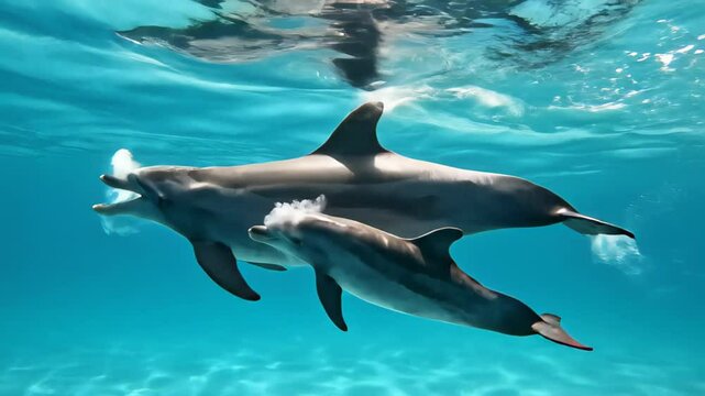 A heartwarming underwater scene of a mother dolphin and her baby swimming closely together in beautiful, clear turquoise water, with sunbeams creating a magical atmosphere.