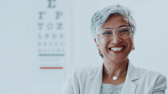Eye test, face and glasses with woman at optometry clinic for prescription frame lens fitting. Exam, ophthalmology and vision with smile of mature customer in eyewear store for eyesight improvement