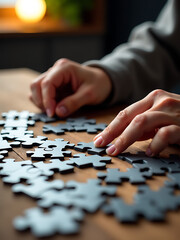Naklejka premium person carefully assembles jigsaw puzzle bright lighting examining piece placing