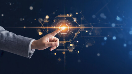 Fototapeta premium Reaching the Digital Frontier: A close-up of a hand interacting with a futuristic digital interface, symbolizing innovation, progress, and seamless technological integration. 