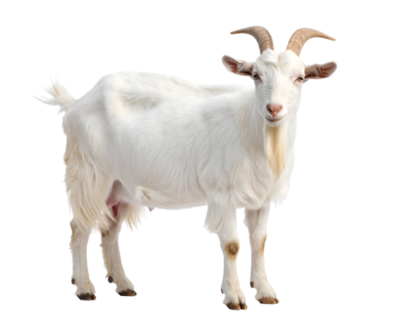 A pristine white goat with elegant horns and a flowing beard stands poised, looking forward.