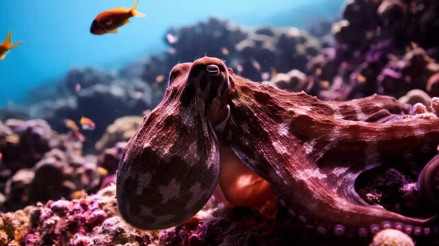 A detailed close-up of a large, red-brown octopus resting on a colorful pink and purple coral reef. The octopus is breathing and its intelligent eye is visible as small fish swim in the background.