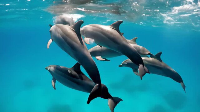 Beautiful underwater wildlife scene of a dolphin family playing under the sun.