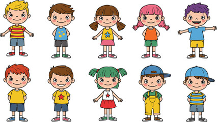  Cartoon collection of happy children, boys and girls, colorful clothes, standing, smiling, playful poses, isolated on white background flat vector illustration