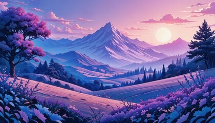 Stunning mountain landscape at sunset surrounded by vibrant flora and tranquil valleys