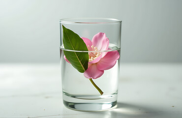 glass holds simple mixture clear water delicate camellia leaves single droplet resting