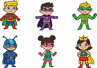 Cartoon illustration of superhero kids, boys and girls in colorful costumes, capes, masks, heroic poses, isolated on white background flat vector illustration