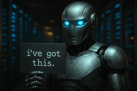 Robot Holding Sign with Text I've Got This in Server Room