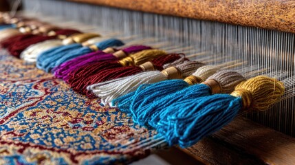 Colorful Rug Weaving on Antique Wooden Loom