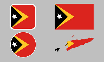 A set of East Timor flag icons. A set of flags in square, rectangular, round and map shapes. Flag icons.