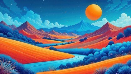Vibrant landscape with sunset over mountains and river for computer backgrounds