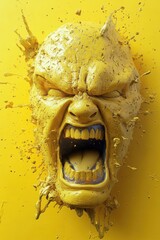 Bold yellow sculpture of a screaming face with splashes of color, capturing raw emotion and dynamic artistry in a striking visual display