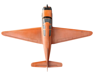 Vintage orange propeller airplane viewed from directly above isolated on transparent background