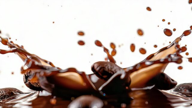 A splash of liquid and coffee beans on a white surface, ideal for food or beverage related designs