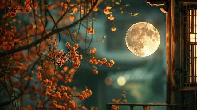 A full moon shining through the branches of a tree, providing a warm and peaceful ambiance