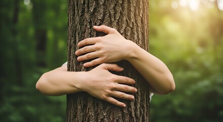 With hands wrapped around a robust tree, this image captures the authentic lifestyle of connecting with the natural world, emphasizing environmental wellness and sustainability.