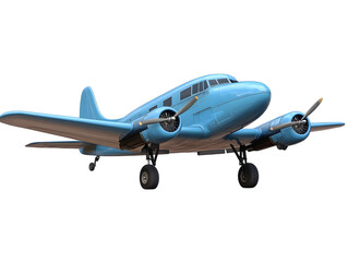 Vintage blue twin engine propeller airplane isolated on transparent background